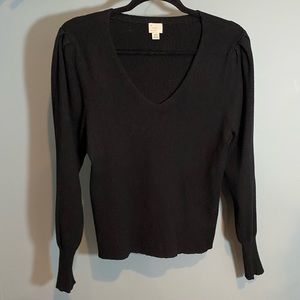 A New Day Knit Ribbed Sweater Top V-neck with Puff Sleeve in Black